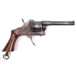 A French 6 shot 7mm double action pinfire revolver, c 1860, round barrel 95mm, no visible