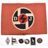 A Third Reich D J armband, 2 D.J. enamelled badges, N.S.D.A.P badge and 3 others. GC (7) £75-100