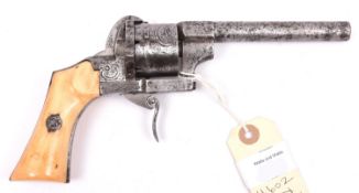 A Belgian 6 shot 9mm self cocking pinfire revolver, c 1865, round barrel with octagonal breech 120mm