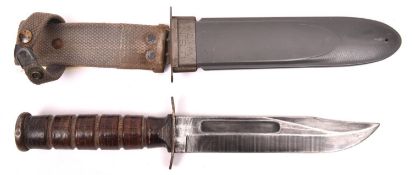 A WWII US Navy Mk 2 fighting knife, by Camillus N.Y., in its USN Mk 2 sheath by B.M. Co/Victory