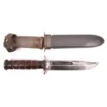 A WWII US Navy Mk 2 fighting knife, by Camillus N.Y., in its USN Mk 2 sheath by B.M. Co/Victory