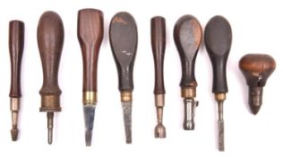 7 various old gun case accessories, all with wooden handles: two turnscrews, a pair of GS mounted