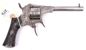 A Belgian 6 shot 7mm Jongen Freres closed frame double action pinfire revolver, c 1860, number 1592,