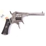 A Belgian 6 shot 7mm Jongen Freres closed frame double action pinfire revolver, c 1860, number 1592,