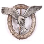 A Third Reich Luftwaffe Pilots badge, silvered finish wreath, worn black finish eagle. GC £180-220