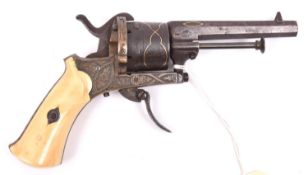 A Belgian 6 shot 7mm Lefaucheux bronze framed double action pinfire revolver, number VP 443, c 1865,