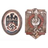 A Third Reich D.D.A.C. and N.S.K.K. pressed metal badge, also a pressed metal D.D.A.C. badge, GC (2)