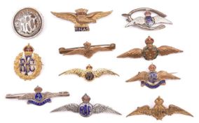 11 sweetheart brooches, comprising 5 Royal Flying Corps, circular silver and tortoiseshell, wreath