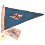 A DLV triangular car pennant, with woven insignia on blue ground, and corded edge, 13½” x 8½”;