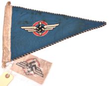 A DLV triangular car pennant, with woven insignia on blue ground, and corded edge, 13½” x 8½”;