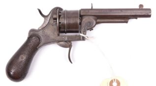 A Belgian 6 shot 7mm Loron double action pinfire revolver, c 1862, sighted octagonal barrel 94mm,