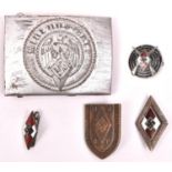 A Third Reich Hitler Youth belt buckle, silvered finish; a Hitler Youth shooting badge; H.J. D.A.F