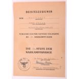 A Third Reich Award Certificate for Army Close Combat Clasp 2nd class in silver,to “Feldwebel Eduard