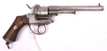A Belgian 6 shot 9mm Lefaucheux double action pinfire revolver, c 1863, number 98262, round barrel