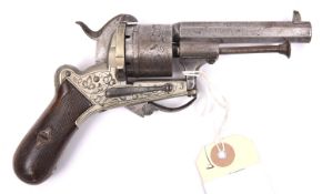 A Belgian 6 shot 7mm Lefaucheux double action pinfire revolver, c 1863, number 118116, octagonal
