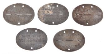 5 WWII German oval zinc “dog tags”: “SS Pz Gren. Ers. Btl.9” and number 13822/0; “1./SS-Frw.Pz.