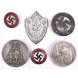 2 Third Reich N.S.D.A.P enamelled party badges, 4 different propaganda badges, GC (6) £40-50