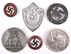 2 Third Reich N.S.D.A.P enamelled party badges, 4 different propaganda badges, GC (6) £40-50
