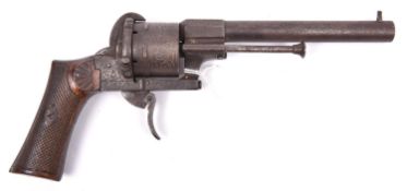 A Belgian 6 shot 12mm Lefaucheux self cocking pinfire revolver c 1865, number 80698, round barrel