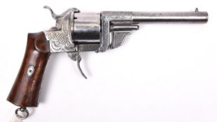 A French 6 shot 12mm Eyraud double action pinfire revolver, c 1863, round barrel 140mm, St Etienne