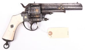A Belgian 6 shot 12mm Lefaucheux gold overlaid closed frame double action pinfire revolver, c