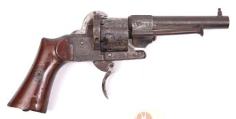 A Spanish 6 shot 7mm self cocking pinfire revolver, c 1865, number 15795, round barrel 90mm, stamped