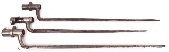 An 1853 pattern Enfield socket bayonet, socket stamped “Mm1 54” (locking ring missing); 2 other