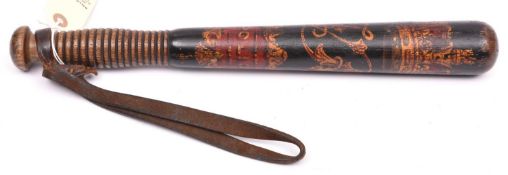 A Victorian Police painted wood truncheon, decorated with crown over VR cypher and “POLICE” within