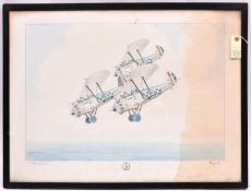A large watercolour painting of three 1930s Hawker Harrier bi-planes of 19 Squadron RAF in flight,