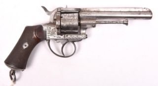 A Belgian 6 shot 9mm Lefaucheux Janssen double action closed frame pinfire revolver, number 94750, c