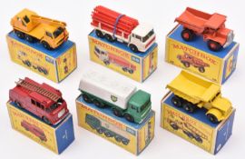 6 Matchbox Series. 6 Euclid Quarry Truck, 9 Fire Truck, 28 Mack Dump Truck, 32 Leyland Petrol