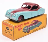 Dinky Toys Jaguar XK120 Coupe (157). Example in cerise and sky blue with cerise wheels and black
