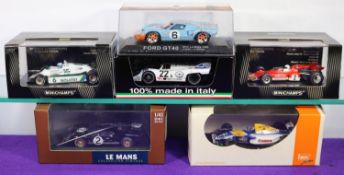 6 1:43 racing cars. 3x Minichamps- Ford GT40 MkII, Winner 24 H Le Mans 1966, driver McLaren and C.