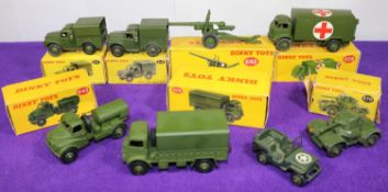 8 Dinky Toys Military Vehicles etc. Army Covered Wagon (623), Military Ambulance (626). 2x Army 1-