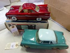 2 Tinplate 1950's Style American Style Cars. A 'Flying Brand' Battery Powered example in metallic