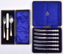 2x silver sets. A silver Christening cutlery set comprising cased knife, fork and spoon.