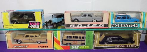 7 Russian made 1:43 scale vehicles. Moskvitch Estate Car in blue. YA3 452B Police Minibus in light