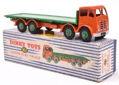 Dinky Supertoys Foden FG Flat Truck (902). Example with orange cab and chassis, mid green wheels and