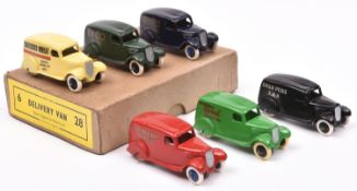 A Dinky Trade box containing 6 reproduction Delivery Vans (280). Box label shows '28'. Liveries