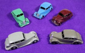 5x Dinky Toys 40 series cars. Riley Saloon (40a) in dark grey with black wheels. Riley Saloon (