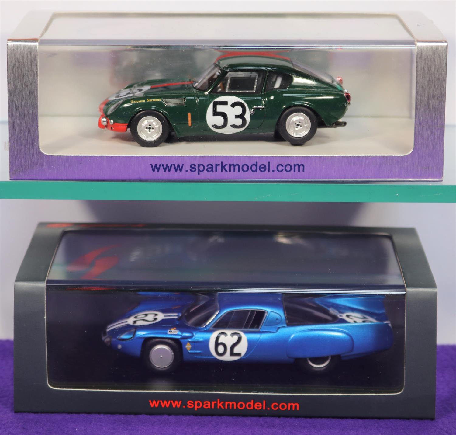 2 Spark 1:43 Racing Cars. Triumph Spitfire No. 53 Le Mans 1965, drivers B.Bradley and P.Bolton. Plus