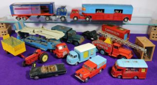 14x Corgi Toys. Chipperfields Circus items; Bedford tractor and articulated horse box with horses.
