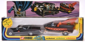 Corgi Toys Batmobile & Batboat GS3. A 1976 issue with Whizzwheels, light blue glazing, with both