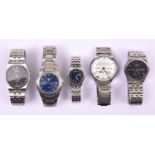 5x wrist watches, all with stainless steel cases and bracelets. A Citizen Eco-Drive with blue face