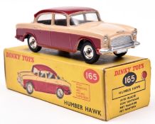 Dinky Toys Humber Hawk (165). An example with maroon roof and lower body, cream upper body, spun