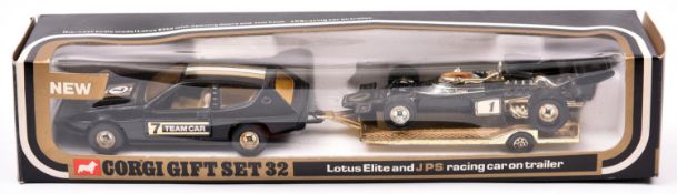 Corgi Gift Set 32. Lotus Elite & JPS Racing Car On Transporter. In black and gold JPS livery.