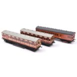 3x O gauge Metropolitan Railway suburban compartment coaches. 2x in teak and cream livery; a Full