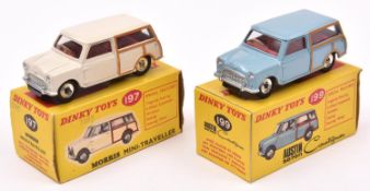 2 Dinky Toys Morris and Austin Mini Estates. Morris Mini-Traveller (197) in cream with red interior.