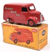 Dinky Toys Trojan Van 'Brooke Bond Tea' (455). In deep red with red wheels and black rubber tyres.