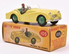 Dinky Toys Triumph TR2 Sports (105). A scarce 'Touring' example in yellow with light green interior,